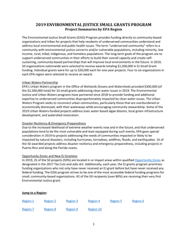 2019 ENVIRONMENTAL JUSTICE SMALL GRANTS PROGRAM Project Summaries by EPA Region