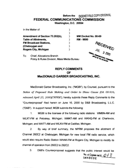 DOCKET FILE Copy Original FEDERAL COMMUNICATIONS COMMISSION Washington, D.C