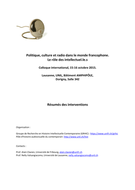 Politique, Culture Et Radio Dans Le Monde Francophone. Le Rôle Des Intellectuel.Le.S