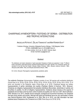 Charipinae (Hymenoptera: Figitidae) of Serbia – Distribution and Trophic Interactions