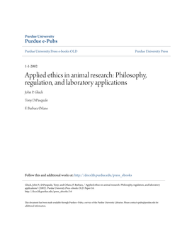 Applied Ethics in Animal Research: Philosophy, Regulation, and Laboratory Applications John P