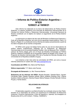 Informe De Política Exterior Argentina – Nº620 12/08/21 Al 18/08/21