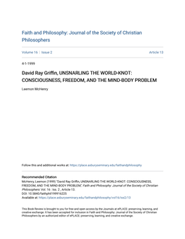 David Ray Griffin, UNSNARLING the WORLD-KNOT: CONSCIOUSNESS, FREEDOM, and the MIND-BODY PROBLEM