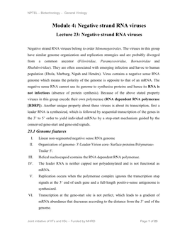 Module 4: Negative Strand RNA Viruses Lecture 23: Negative Strand RNA Viruses