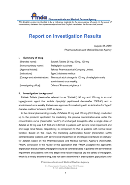 Report on Investigation Results