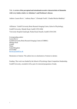 Title: a Review of the Perceptual and Attentional-Executive Characteristics of Dementia with Lewy Bodies Relative to Alzheimer A