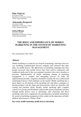 The Role and Importance of Mobile Marketing in the System of Marketing Management