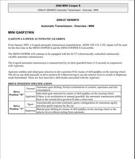 2006 MINI Cooper S 2006-07 GENINFO Automatic Transmission - Overview - MINI