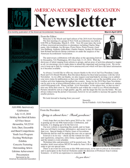 March-April 2018 from the Editor: Welcome to the March and April Edition of the 2018 AAA Newsletter