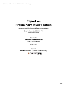 Report on Preliminary Investigation Assessment, Findings and Recommendations
