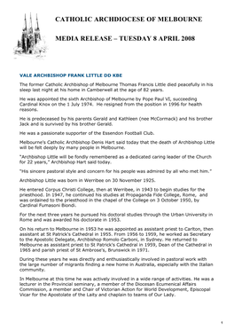 Catholic Archdiocese of Melbourne Media Release –Tuesday 8 April 2008