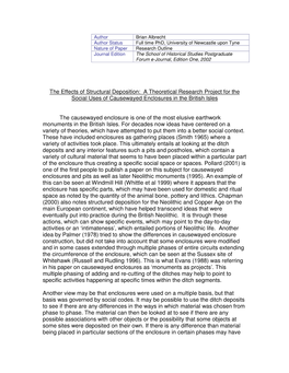 The Effects of Structural Deposition: a Theoretical Research Project for the Social Uses of Causewayed Enclosures in the British Isles