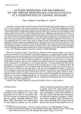 Autumn Migration and Recurrence of the Thrush Nightingale Luscinia Luscinia at a Stopover Site in Central Hungary