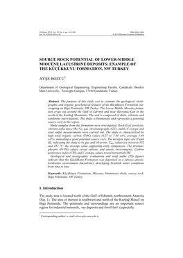 Source Rock Potential of Lower-Middle Miocene Lacustrine Deposits: Example of the Küçükkuyu Formation, Nw Turkey