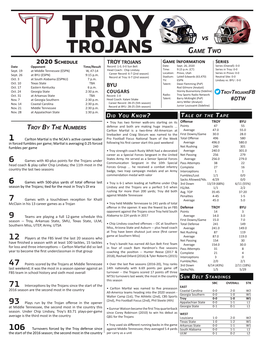 TROY Vs TROJANS Game Two 2020 Schedule TROY TROJANS Game Information Series Date Opponent Time/Result Record: 1-0, 0-0 Sun Belt Date: Sept