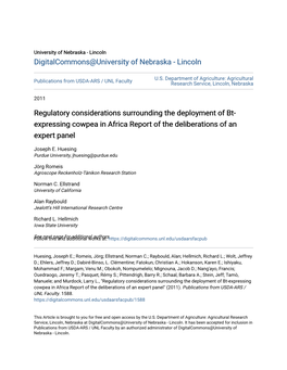 Regulatory Considerations Surrounding the Deployment of Bt-Expressing Cowpea in Africa Report of the Deliberations of an Expert Panel