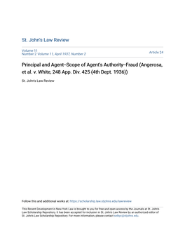 Scope of Agent's Authority--Fraud (Angerosa, Et Al. V. White, 248 App