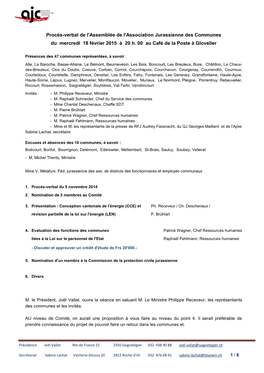 Procès-Verbal De L'assemblée De L'association Jurassienne Des Communes Du Mercredi 18 Février 2015 À 20 H