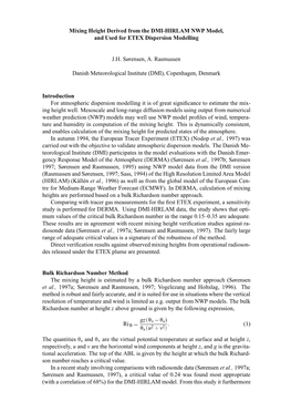 Mixing Height Derived from the DMI-HIRLAM NWP Model, and Used for ETEX Dispersion Modelling