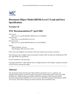 Document Object Model †DOM‡ Level 3 Load and Save Specification