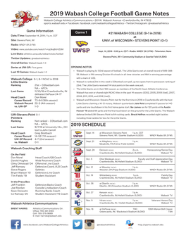 2019 Wabash College Football Game Notes