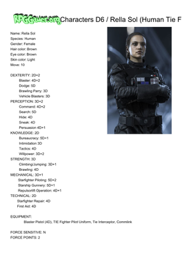 Rpggamer.Org (Characters D6 / Rella Sol (Human Tie Fighter Pilot