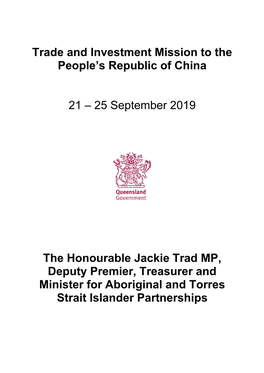 Trade and Investment Mission to the People's Republic of China 21 – 25
