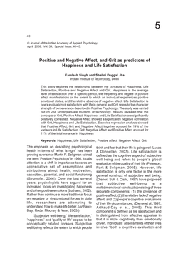 Positive and Negative Affect, and Grit As Predictors of Happiness and Life Satisfaction