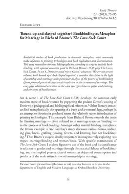 'Bound up and Clasped Together': Bookbinding As Metaphor for Marriage in Richard Brome's the Love-Sick Court