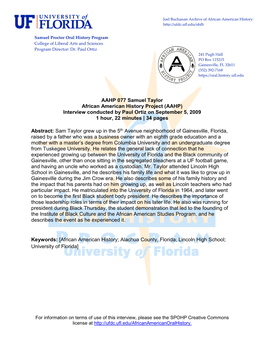 AAHP 077 Samuel Taylor African American History Project (AAHP) Interview Conducted by Paul Ortiz on September 5, 2009 1 Hour, 22 Minutes | 34 Pages