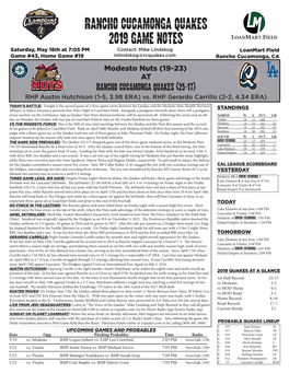 Rancho Cucamonga Quakes 2019 Game Notes