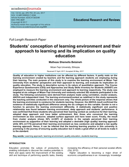 Students' Conception of Learning Environment and Their Approach To