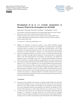 Development of an in Situ Acoustic Anemometer to Measure Wind in the Stratosphere for SENSOR