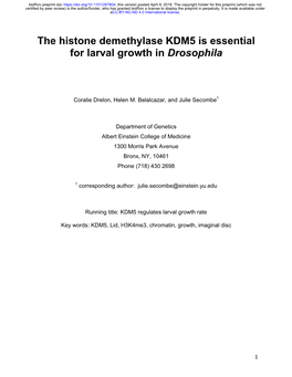 The Histone Demethylase KDM5 Is Essential for Larval Growth in Drosophila