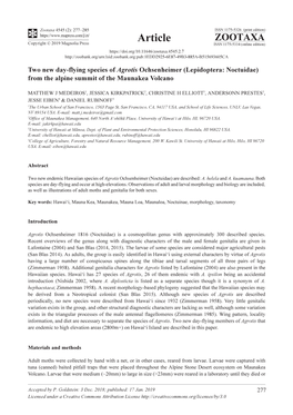 Two New Day-Flying Species of Agrotis Ochsenheimer (Lepidoptera: Noctuidae) from the Alpine Summit of the Maunakea Volcano