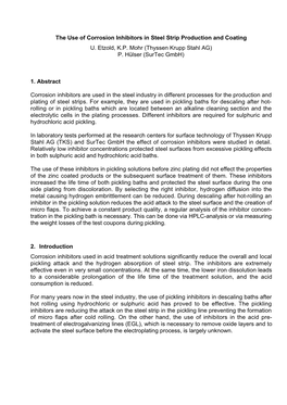 Corrosion Inhibitors in Steel Strip Production and Coating U