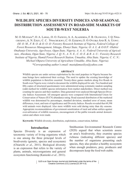 Wildlife Species Diversity Indices and Seasonal Distribution Assessment in Road-Side Markets of South-West Nigeria