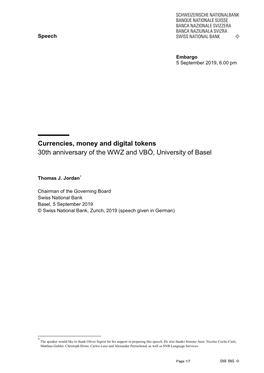 Currencies, Money and Digital Tokens 30Th Anniversary of the WWZ and VBÖ, University of Basel