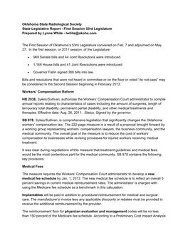 Oklahoma State Radiological Society State Legislative Report - First Session 53Rd Legislature Prepared by Lynne White - Lwhite@Okoha.Com