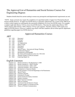 The Approved List of Humanities and Social Science Courses for Engineering Degrees