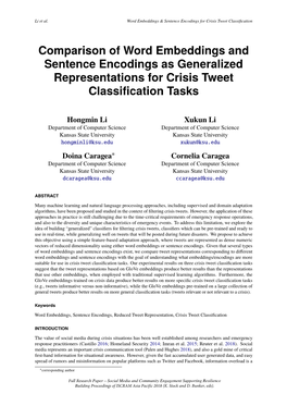 Comparison of Word Embeddings and Sentence Encodings As Generalized Representations for Crisis Tweet Classiﬁcation Tasks