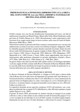 PRIMI DATI SULLA FENOLOGIA RIPRODUTTIVA E LA DIETA DEL GUFO COMUNE Asio Otus NELLA RISERVA NATURALE DI DECIMA-MALAFEDE (ROMA)