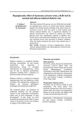 Hypoglycemic Effect of Gymnema Sylvestre (Retz.,) R.Br Leaf in Normal and Alloxan Induced Diabetic Rats