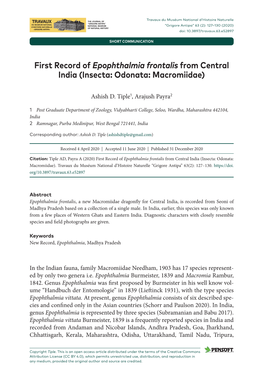 First Record of Epophthalmia Frontalis from Central India (Insecta: Odonata: Macromiidae)