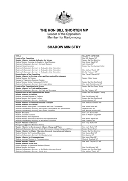 The Hon Bill Shorten Mp Shadow Ministry