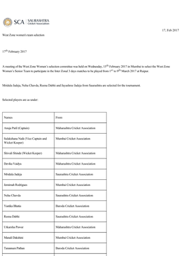 17, Feb 2017 West Zone Women's Team Selection 17Th February 2017