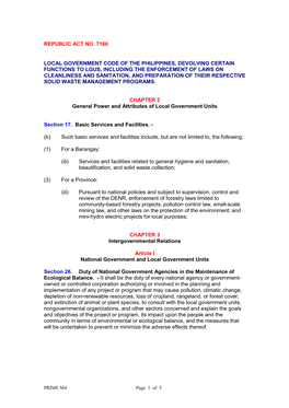 Republic Act No. 7160 Local Government Code of the Philippines, Devolving Certain Functions to Lgus, Including the Enforcement O