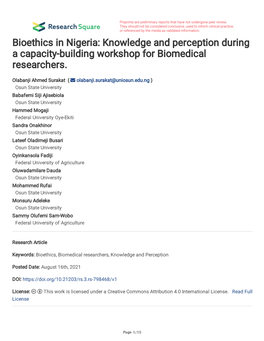 Bioethics in Nigeria: Knowledge and Perception During a Capacity-Building Workshop for Biomedical Researchers