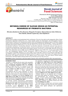 Bryndza Cheese of Slovak Origin As Potential Resources of Probiotic Bacteria