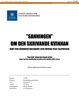 Om Den Skrivande Kvinnan Makt Och Sanningsetablerande I Den Svenska 1930-Talspressen